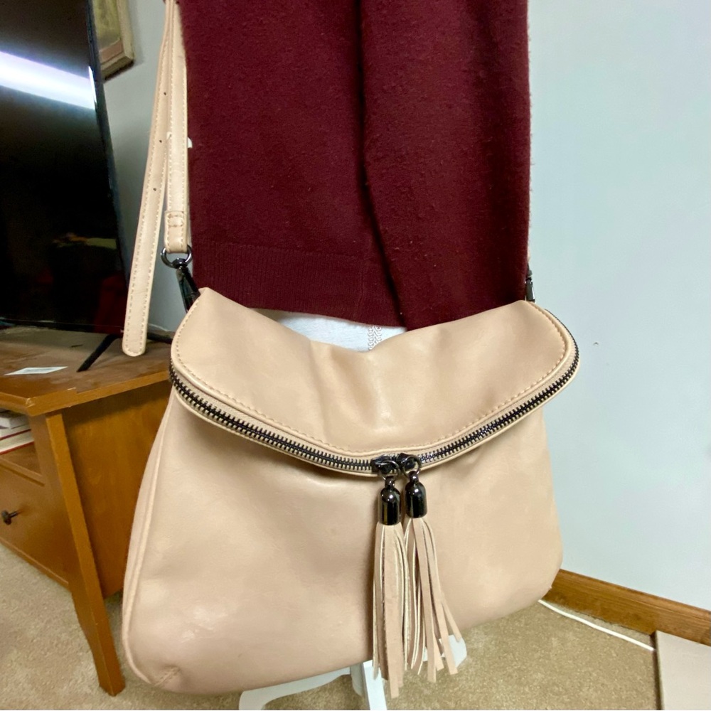 Beige crossbody purse faux leather bag handbag tassels large zipper adjustable